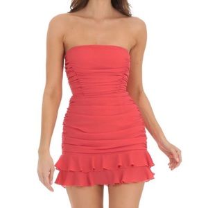 Lucy In The Sky Crepe Ruched Bodycon Dress in Red Coral 💌